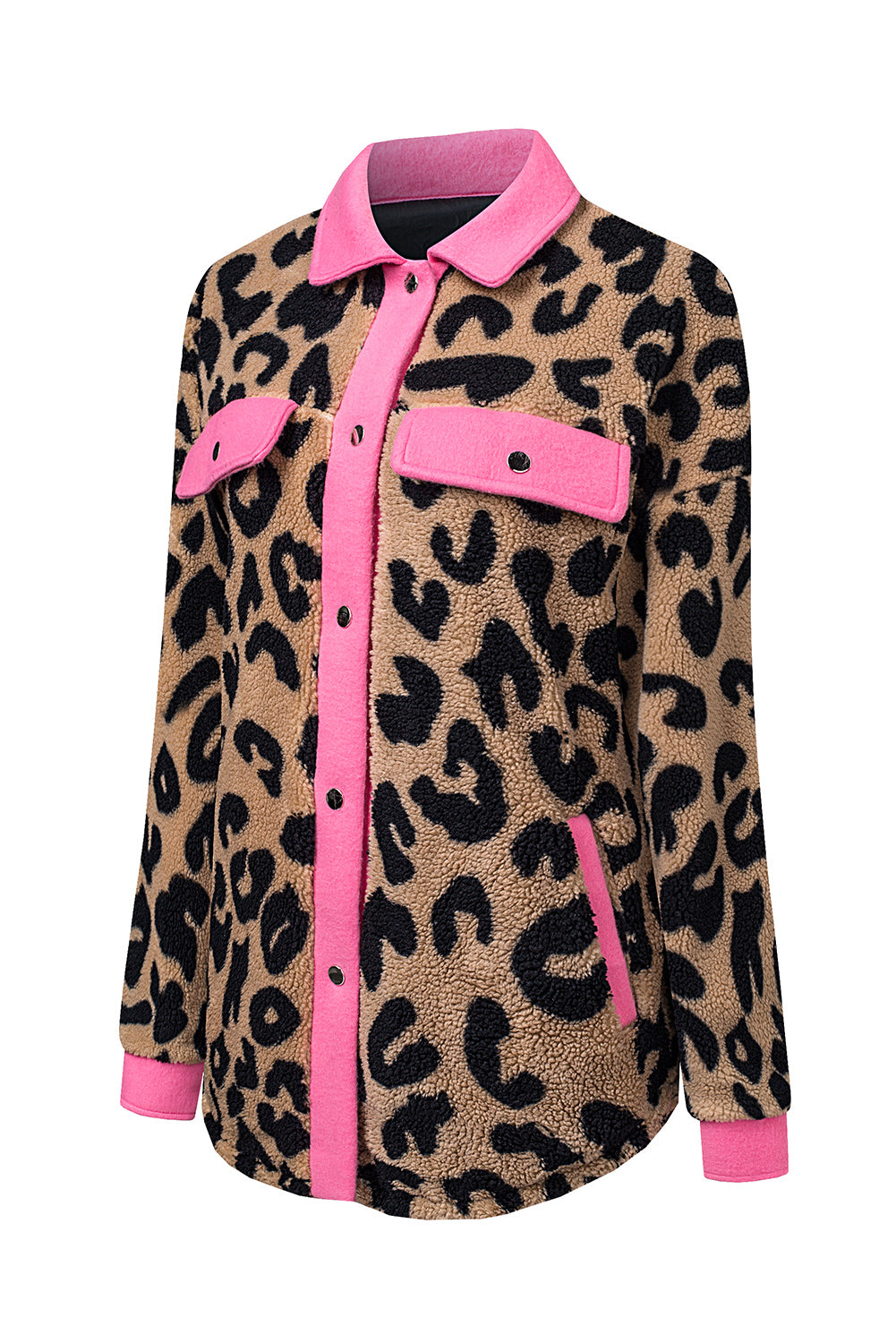 Black Contrast Trimmed Leopard Teddy Shacket