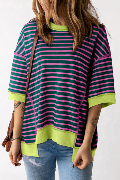 Black Stripe Oversized Contrast Trim Exposed Seam High Low T Shirt