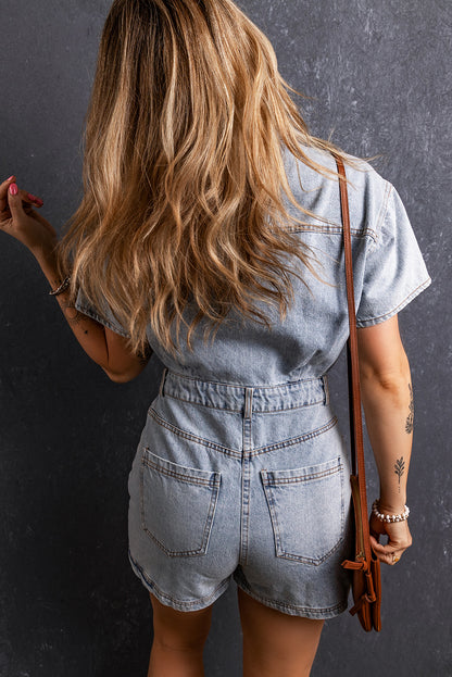 Light Blue Vintage Washed Buttons Pocketed Denim Romper