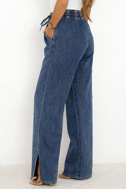 Medium Grey Drawstring Elastic Waist Wide Leg Jeans