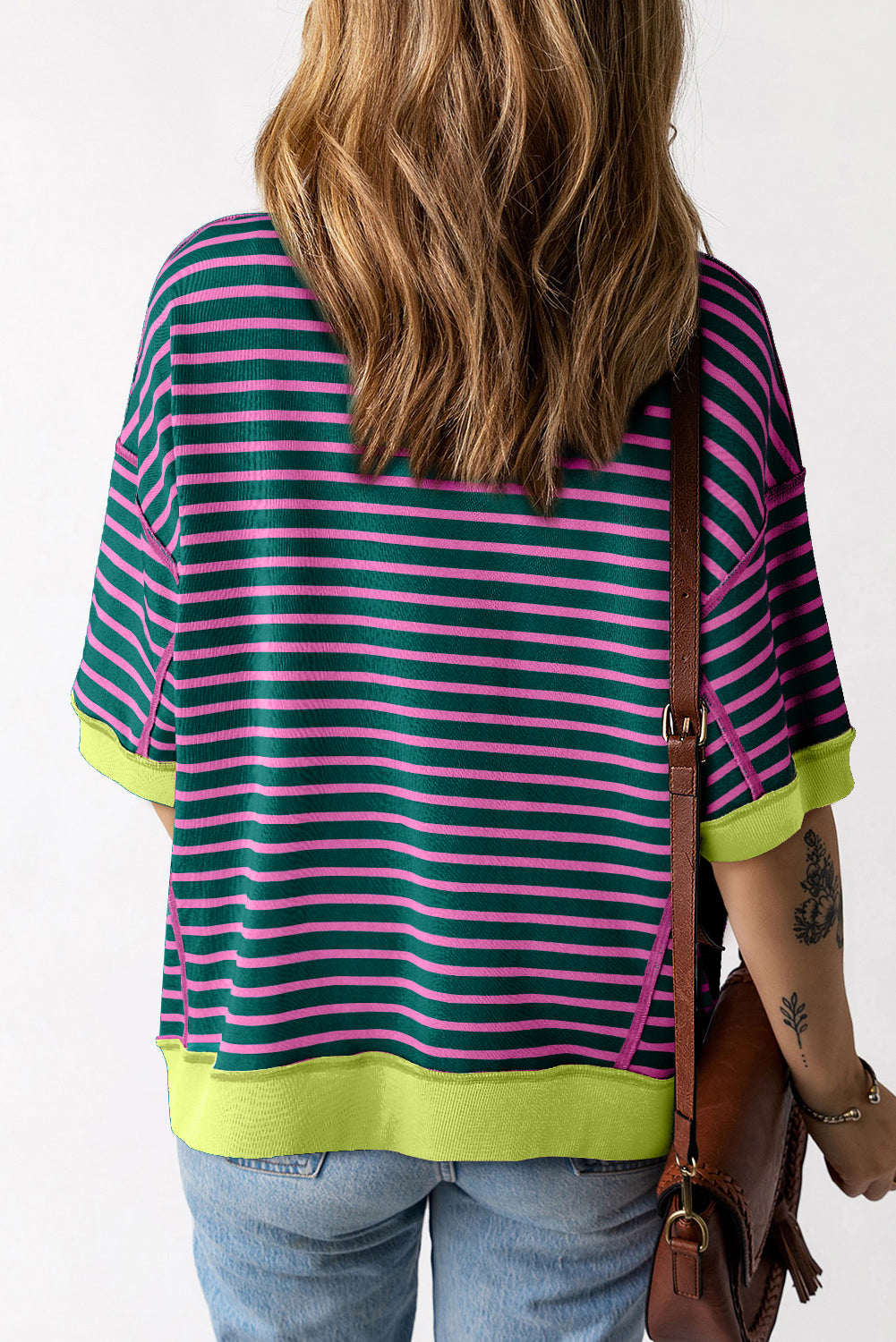 Black Stripe Oversized Contrast Trim Exposed Seam High Low T Shirt