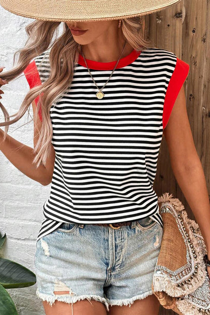 Black Stripe Colorblock Edge Round Neck Tank Top