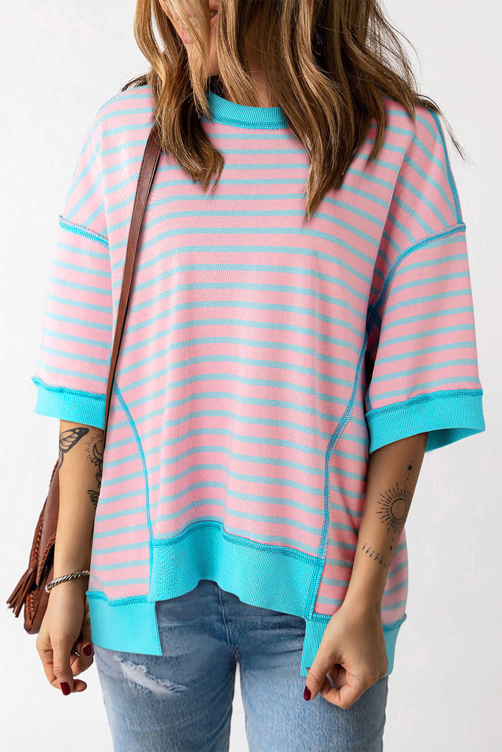 Black Stripe Oversized Contrast Trim Exposed Seam High Low T Shirt