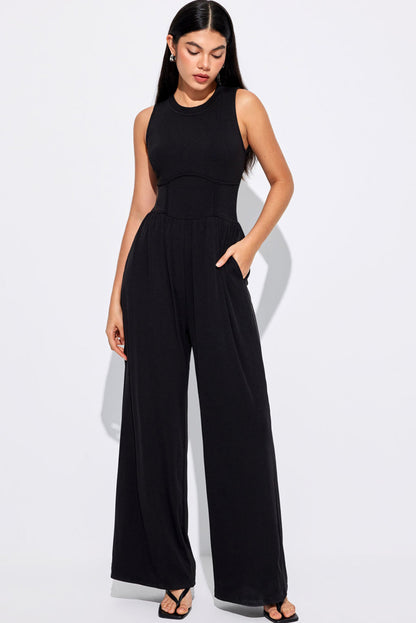 Medium Grey Cinched Waist Sleeveless Wide Leg Jumpsuit