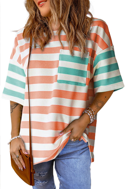 Blue Stripe Contrast Patch Pocket Drop Sleeve T Shirt