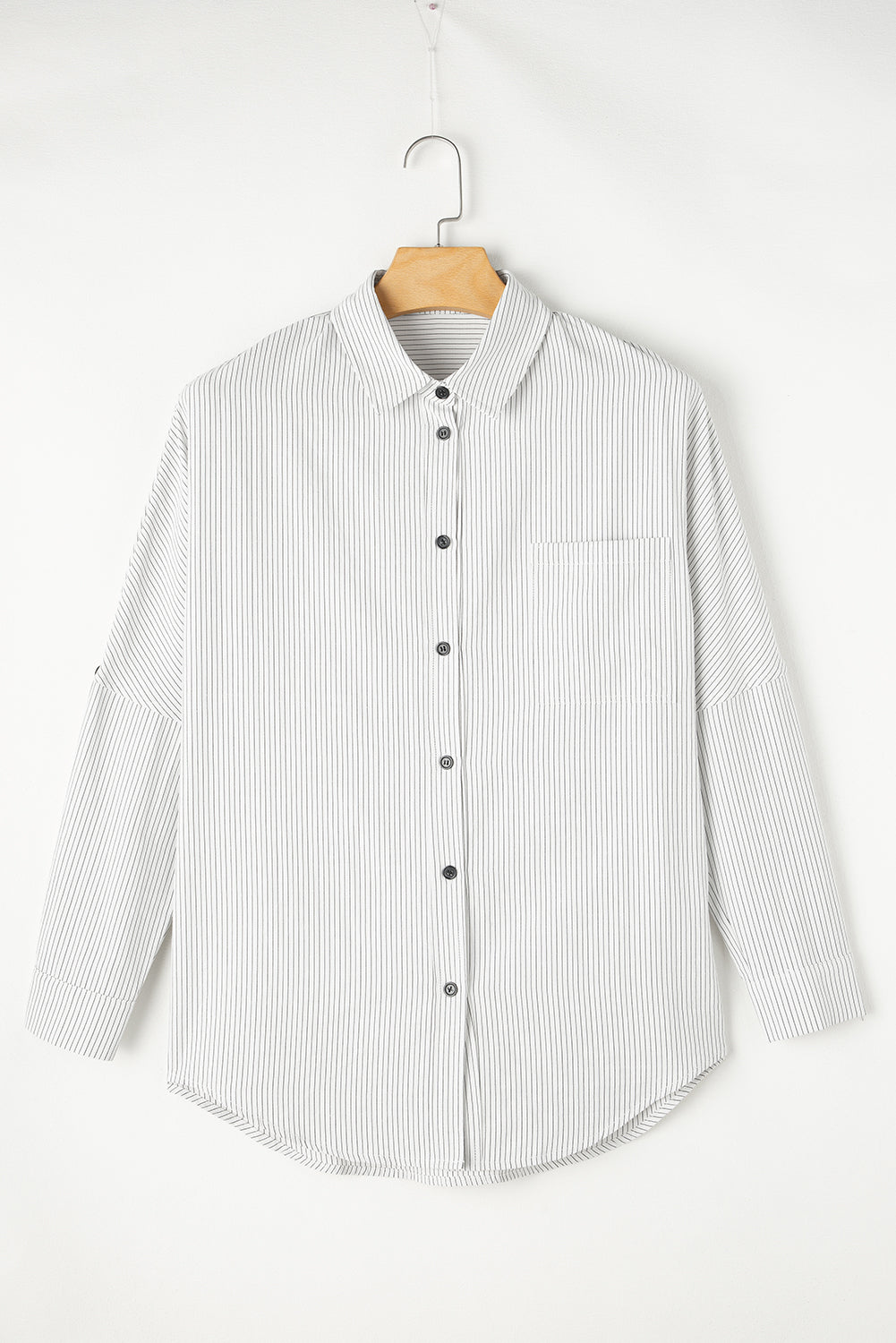 Sky Blue Stripe Roll-tab Sleeve Pocketed Long Shirt