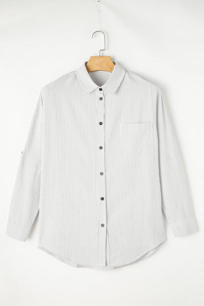 Sky Blue Stripe Roll-tab Sleeve Pocketed Long Shirt