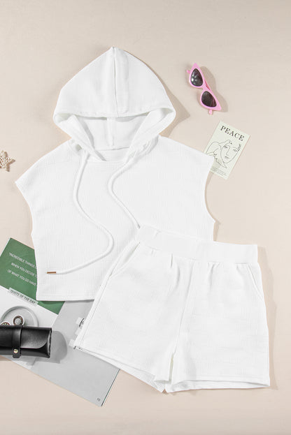 Meadow Mist Green Textured Cropped Hoodie and Shorts Set