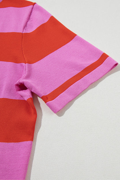 Bright Pink Colorblock Striped Knitted T shirt