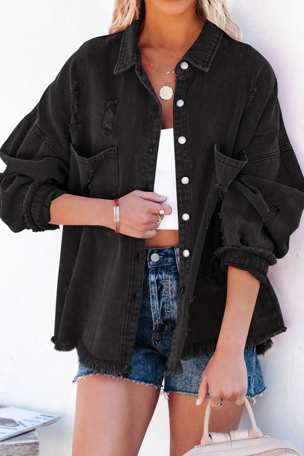 Green Distressed Fringe Trim Denim Jacket