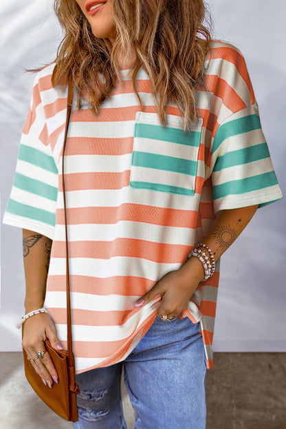 Blue Stripe Contrast Patch Pocket Drop Sleeve T Shirt