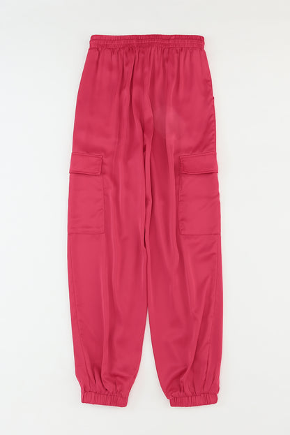 Rose Satin Pocketed Drawstring Elastic Waist Pants