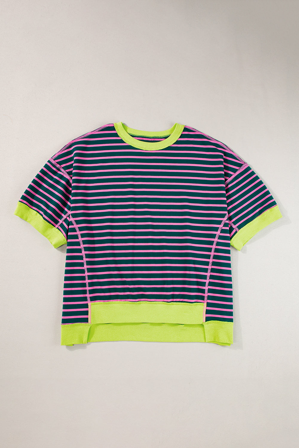 Black Stripe Oversized Contrast Trim Exposed Seam High Low T Shirt