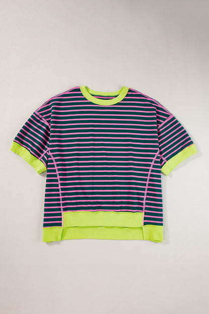 Black Stripe Oversized Contrast Trim Exposed Seam High Low T Shirt