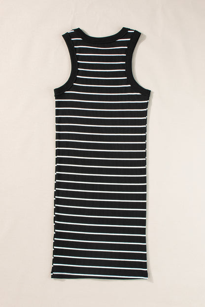 White Stripe Ribbed Knit Tank Mini Dress