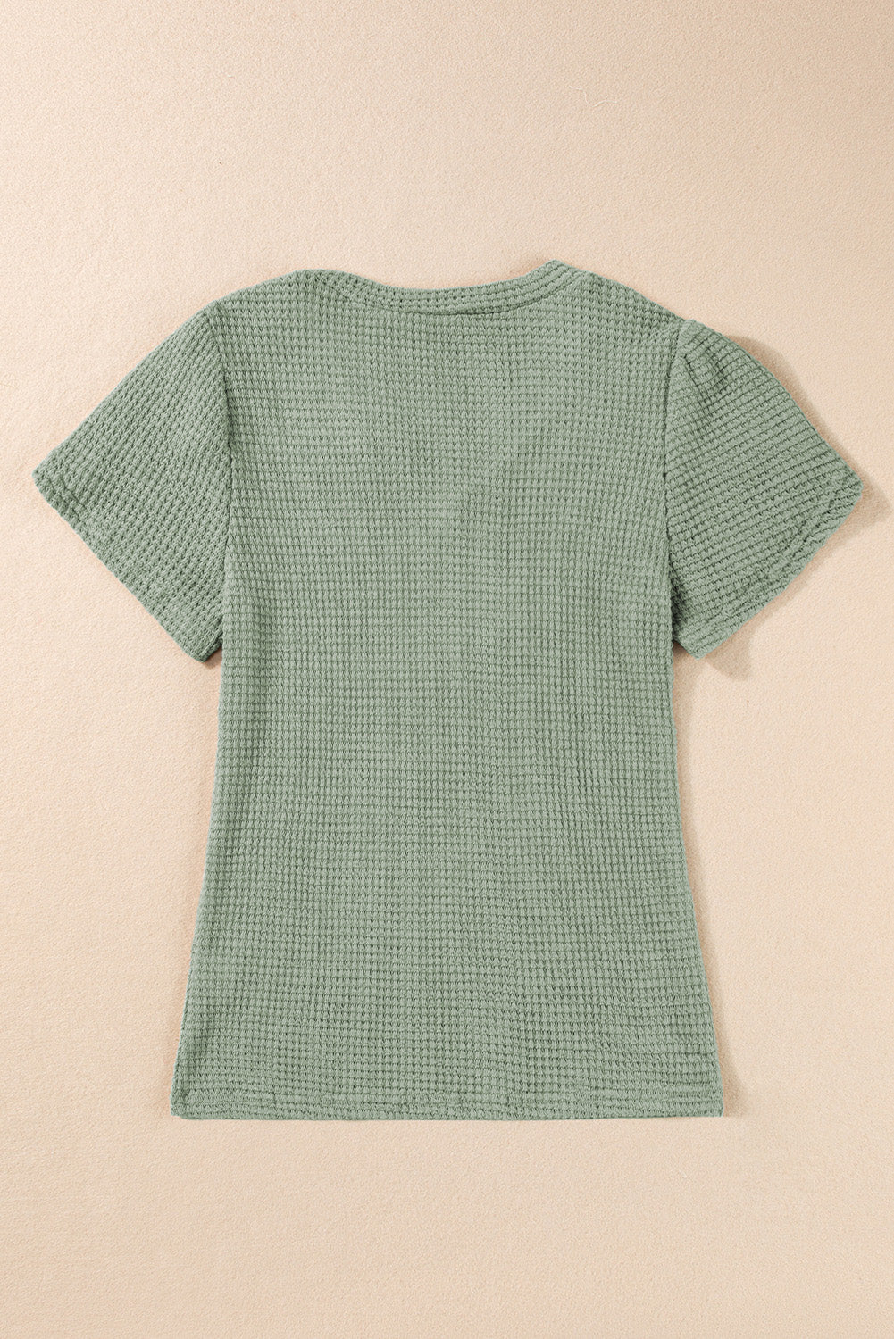 Mist Green V Neck Petal Sleeve Waffle Knit T-Shirt