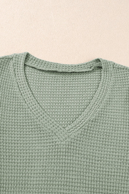 Mist Green V Neck Petal Sleeve Waffle Knit T-Shirt