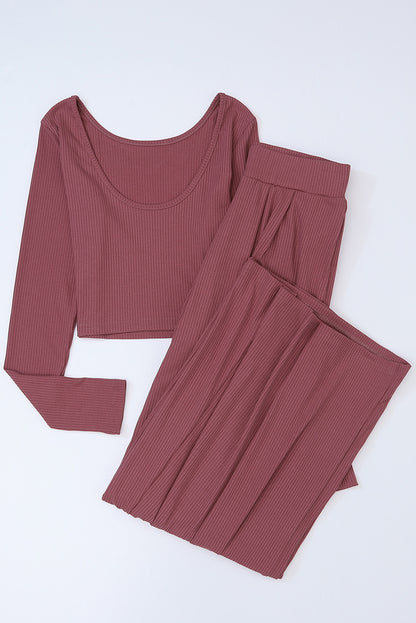 Gray Solid Color Ribbed Crop Top Long Pants Set