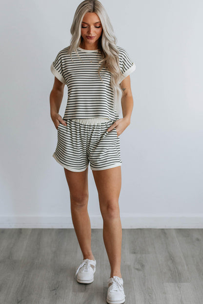 White Stripe Contrast Edge Tee and Shorts Set