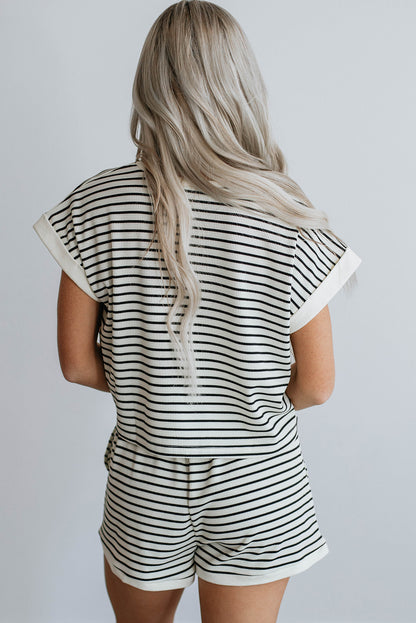 White Stripe Contrast Edge Tee and Shorts Set